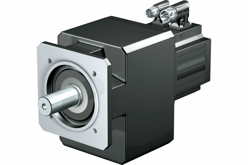 A helical gear unit with high torsional stiffness combined with an extremely compact, highly dynamic STOBER synchronous servo motor. 